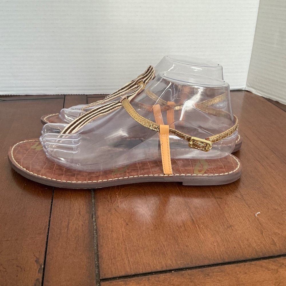 Sam Edelman Women Gold Metallic Snake Print Flat Thong Sandals Sz 8